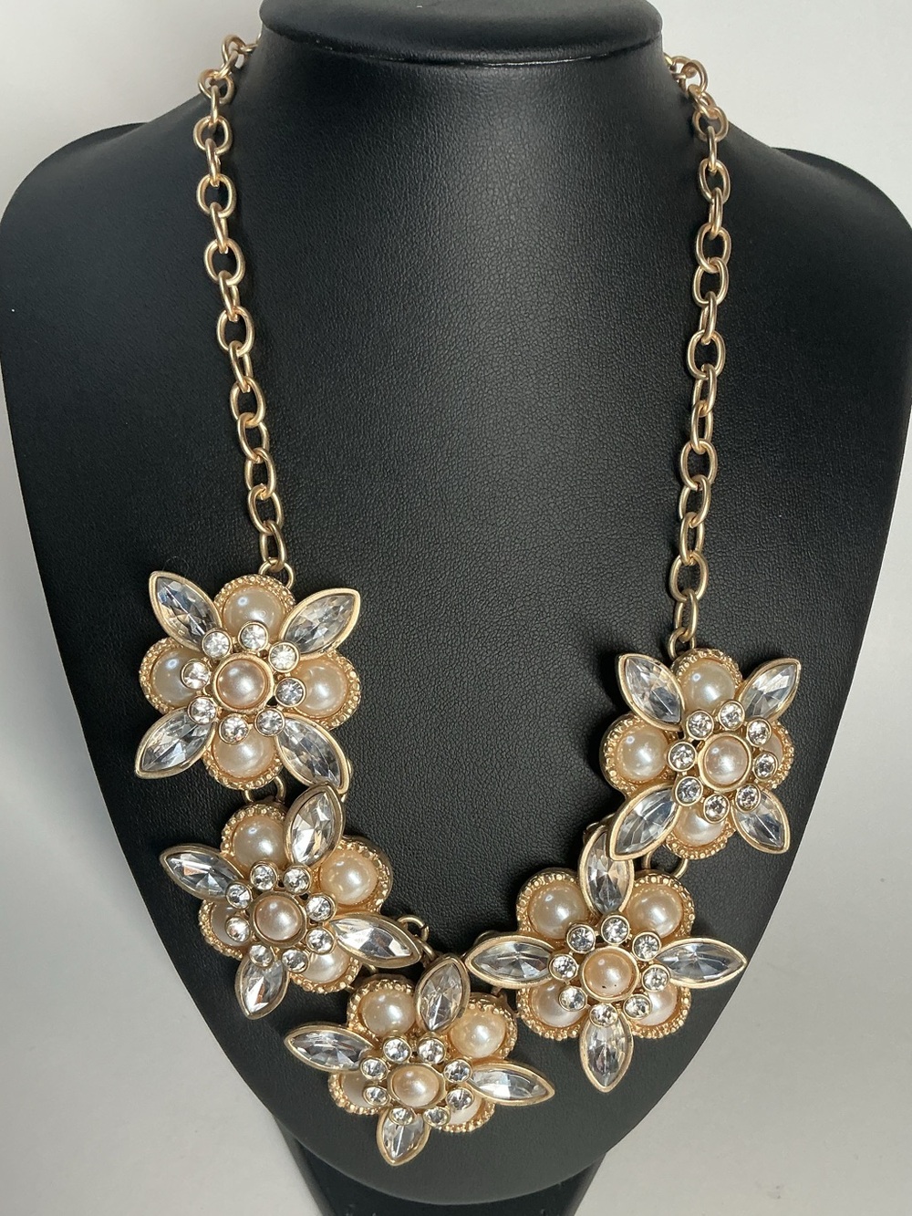 Gold Flower Pearl & Crystal Statement Necklace - Women Jewelry - adjustable